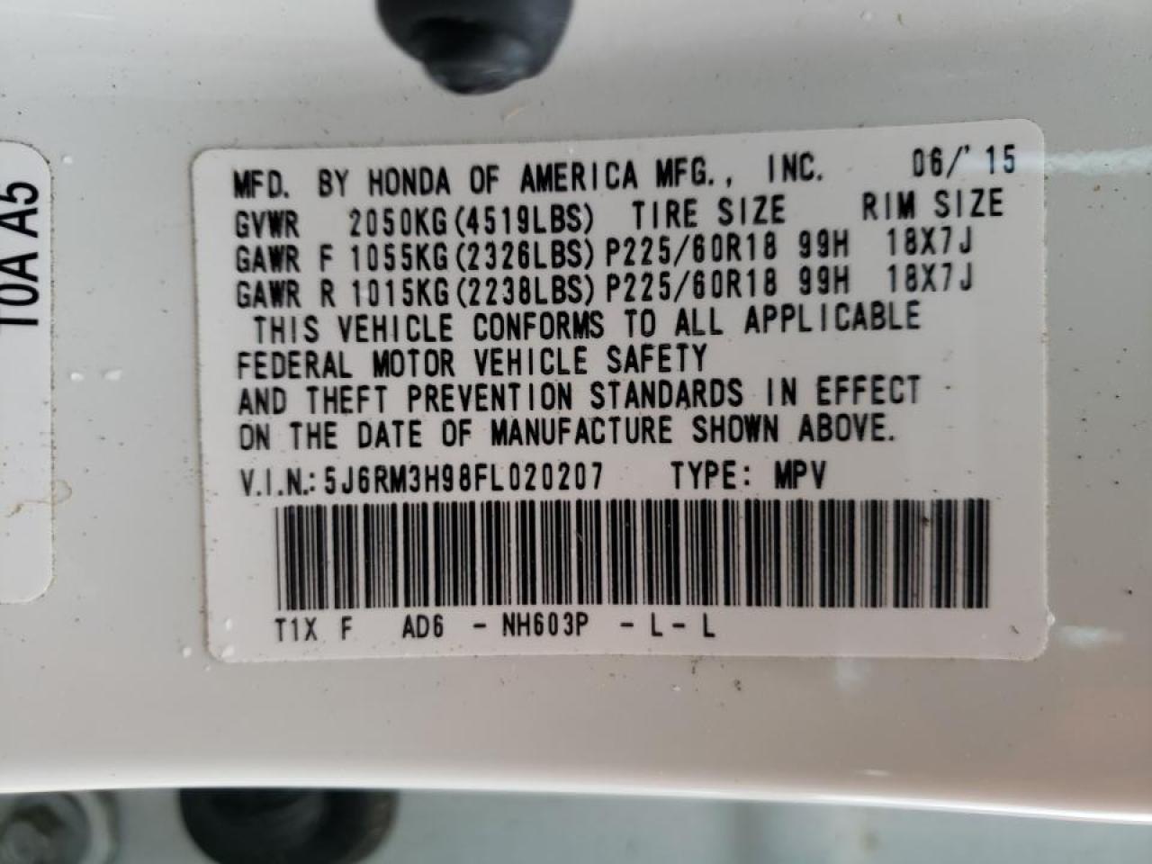 Photo 10 from auction – 2015 HONDA CR-V TOURI with VIN 5J6RM3H98FL020207