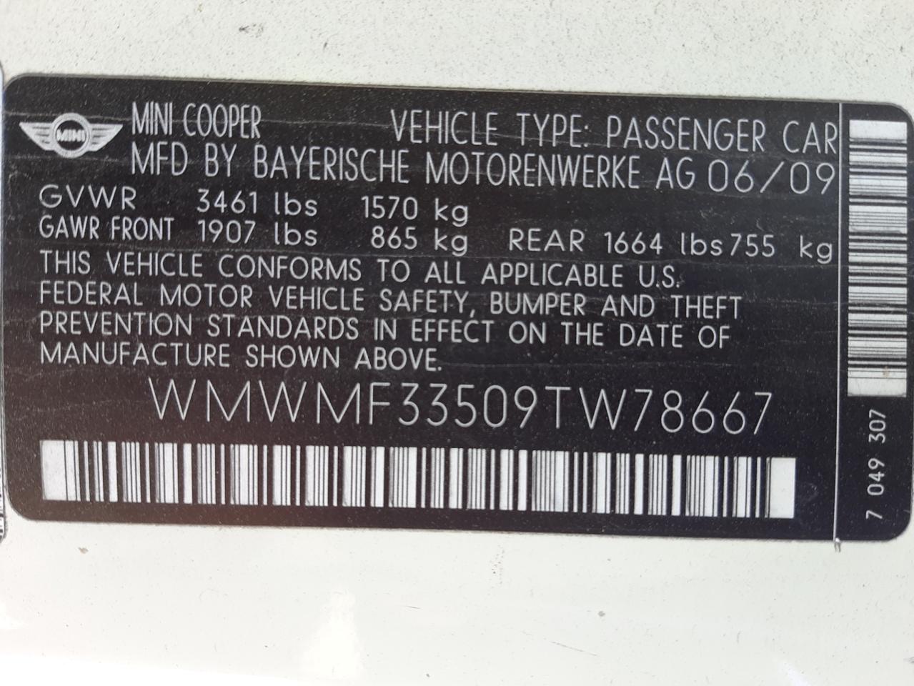 Photo 10 from auction – 2009 MINI COOPER with VIN WMWMF33509TW78667