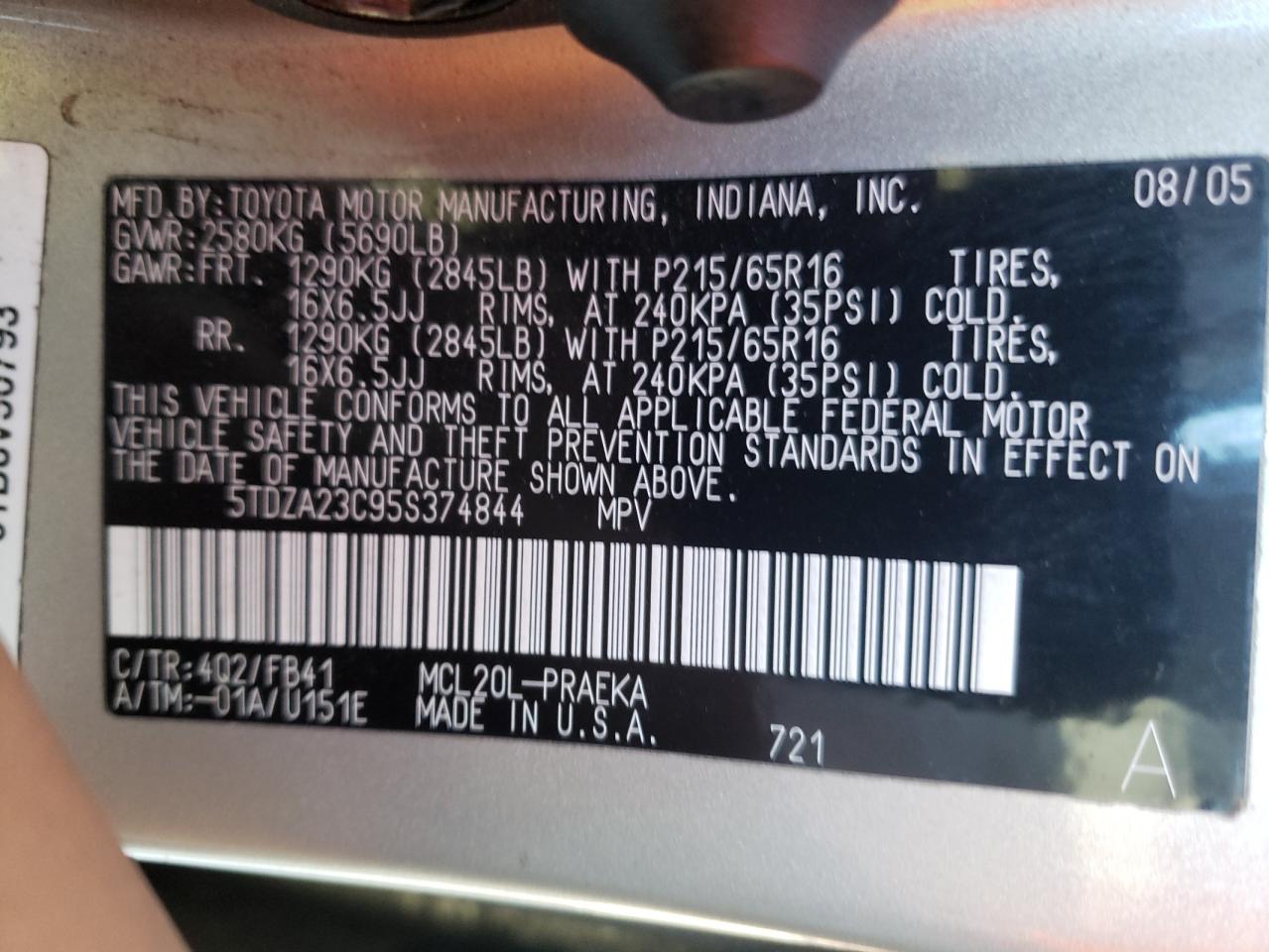 Photo 10 from auction – 2005 TOYOTA SIENNA CE with VIN 5TDZA23C95S374844