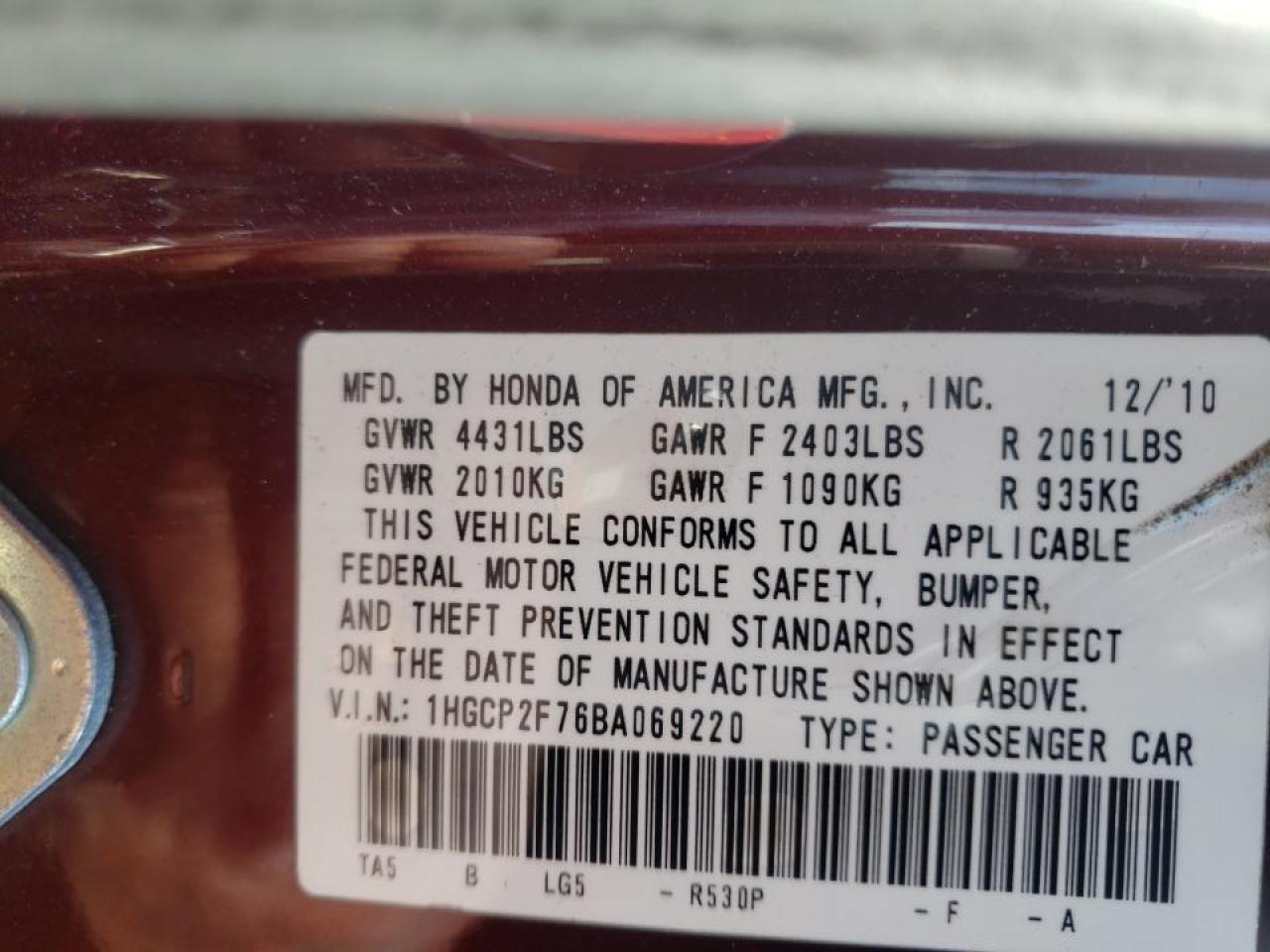 Photo 10 from auction – 2011 HONDA ACCORD EX with VIN 1HGCP2F76BA069220