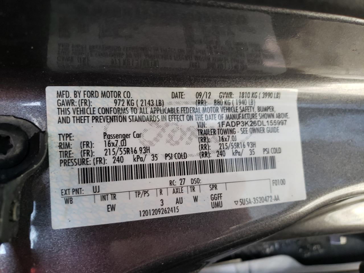 Photo 10 from auction – 2013 FORD FOCUS SE with VIN 1FADP3K26DL155997