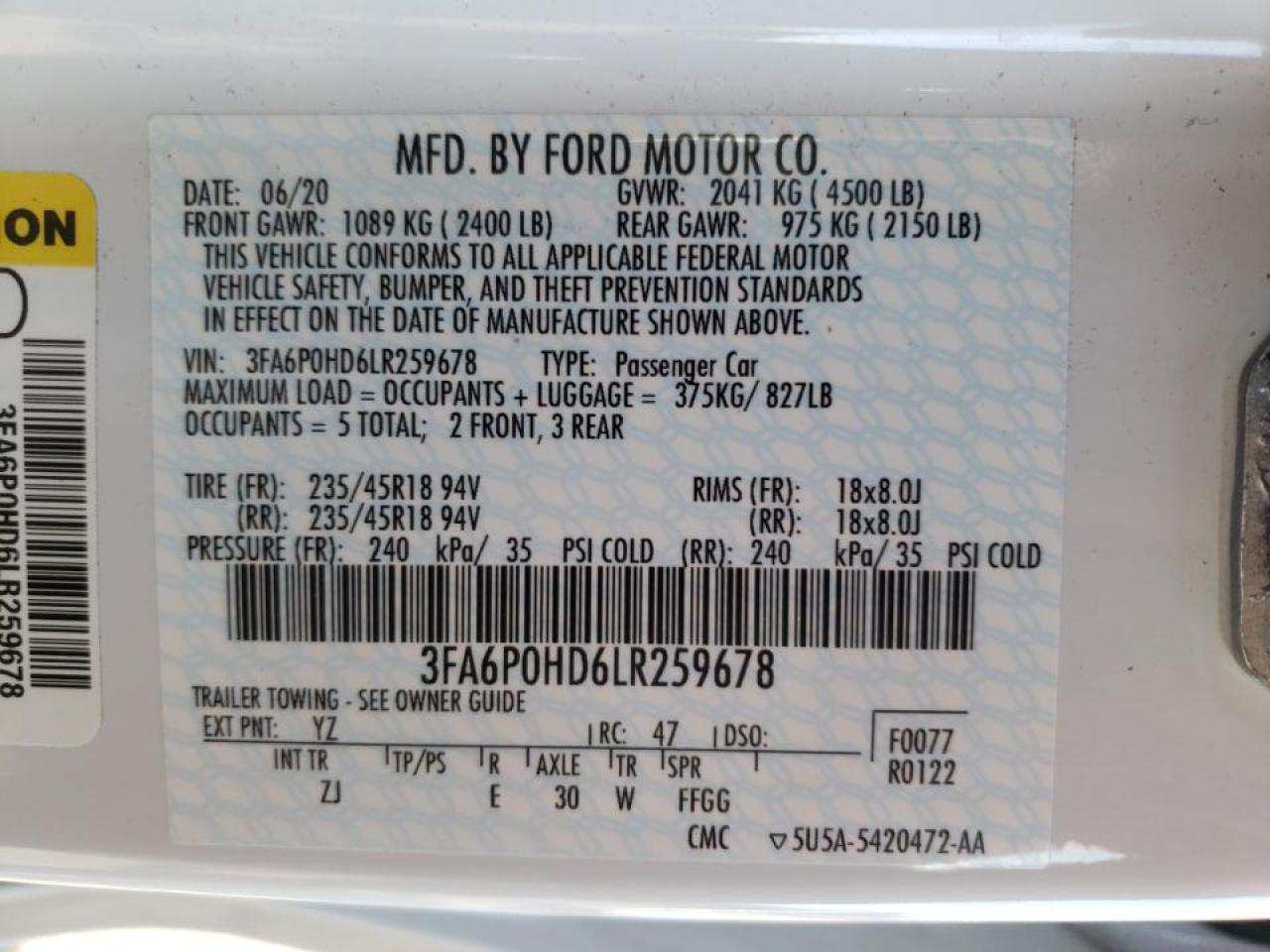 Photo 10 from auction – 2020 FORD FUSION SE with VIN 3FA6P0HD6LR259678