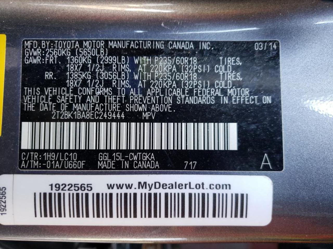 Photo 10 from auction – 2014 LEXUS RX 350 BAS with VIN 2T2BK1BA8EC249444
