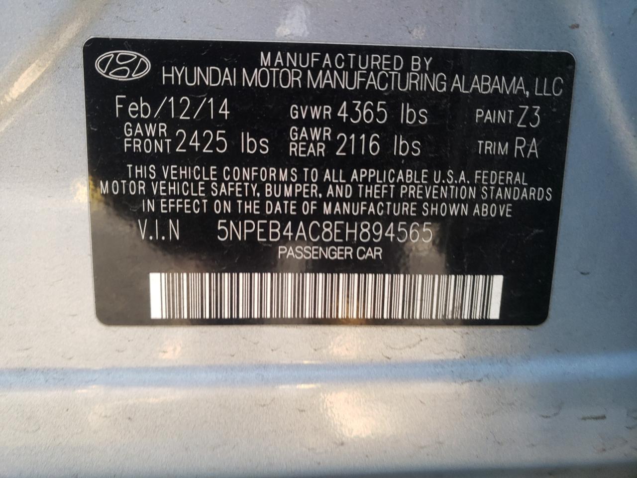 Photo 10 from auction – 2014 HYUNDAI SONATA GLS with VIN 5NPEB4AC8EH894565