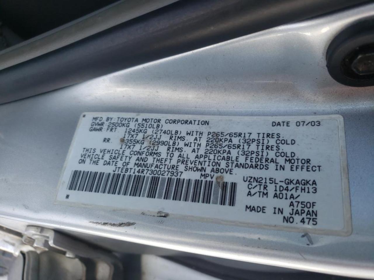 Photo 10 from auction – 2003 TOYOTA 4RUNNER SR with VIN JTEBT14R730027937