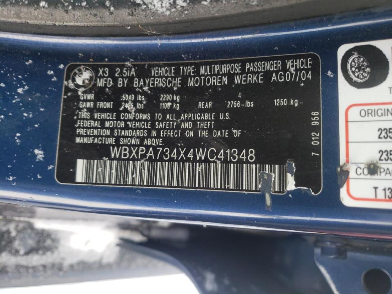 Photo 10 from auction – 2004 BMW X3 2.5I with VIN WBXPA734X4WC41348