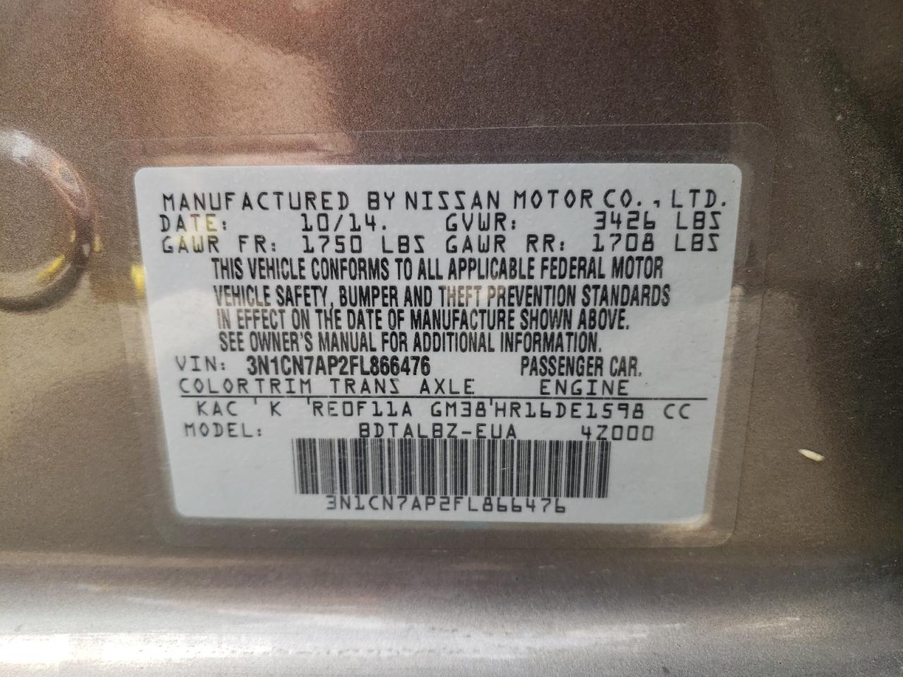 Photo 10 from auction – 2015 NISSAN VERSA S with VIN 3N1CN7AP2FL866476