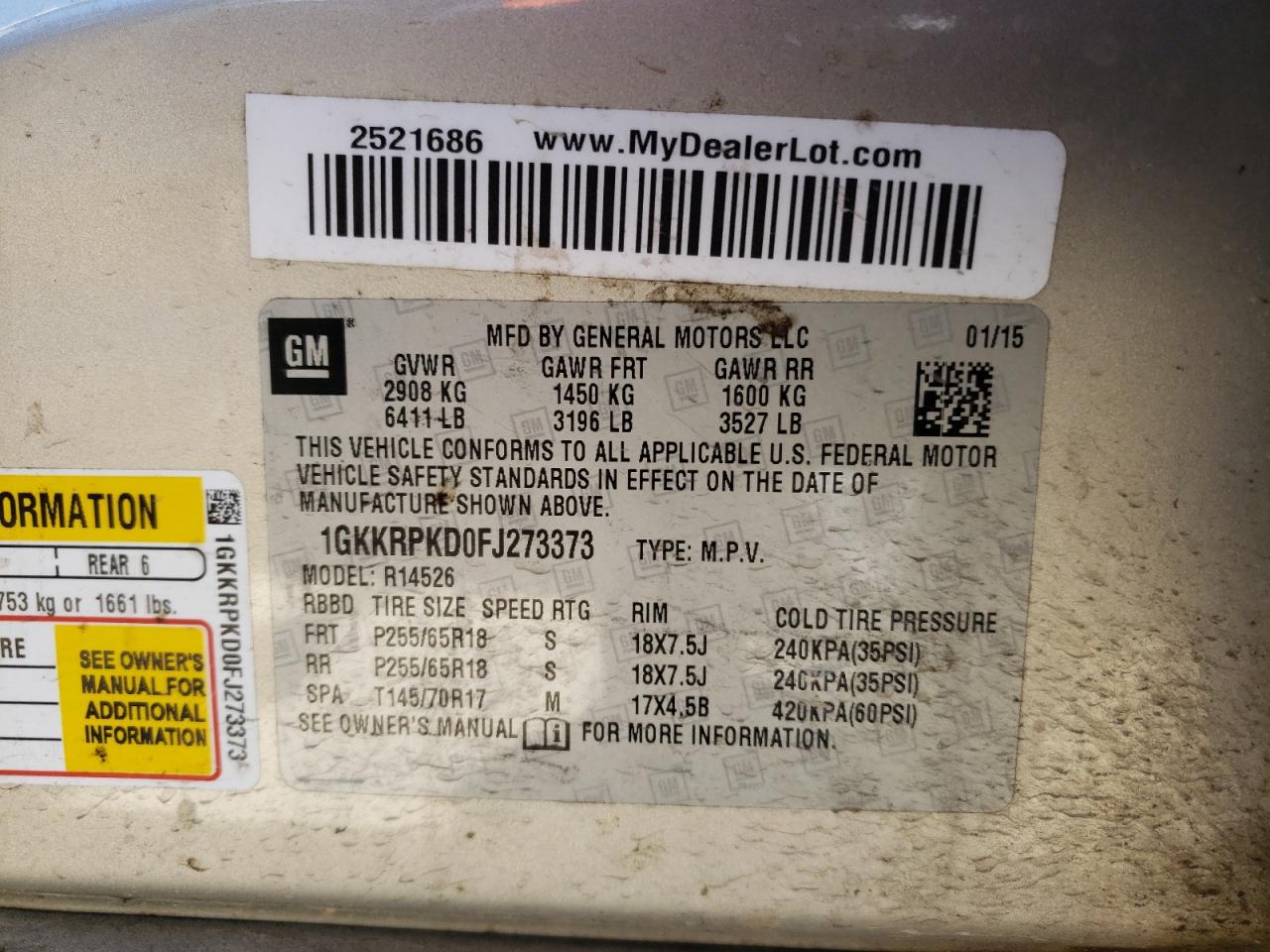 Photo 10 from auction – 2015 GMC ACADIA SLE with VIN 1GKKRPKD0FJ273373
