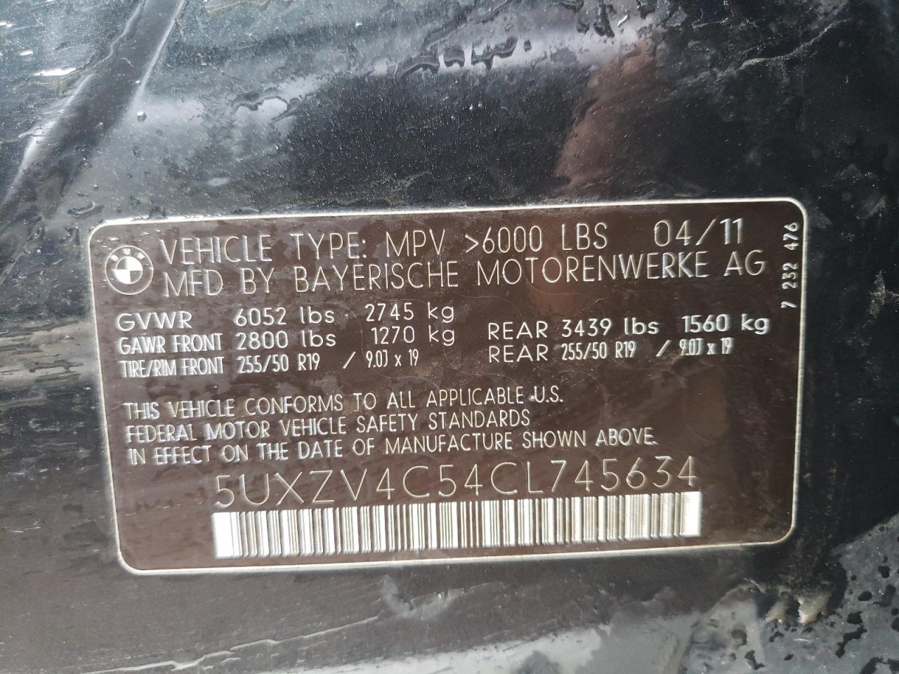 Photo 10 from auction – 2012 BMW X5 XDRIVE3 with VIN 5UXZV4C54CL745634