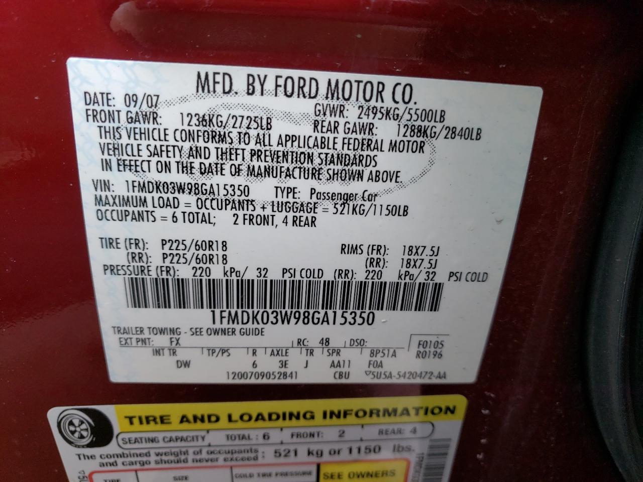Photo 10 from auction – 2008 FORD TAURUS X L with VIN 1FMDK03W98GA15350