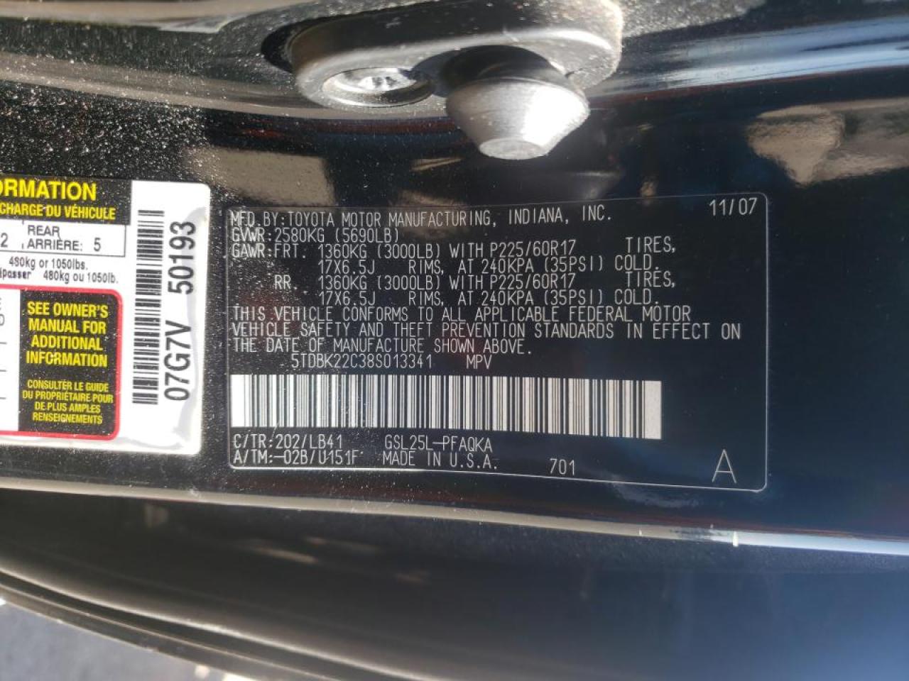 Photo 10 from auction – 2008 TOYOTA SIENNA with VIN 5TDBK22C38S013341