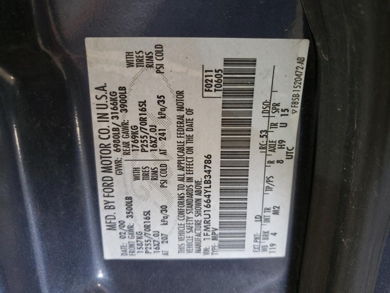 Photo 10 from auction – 2000 FORD EXPEDITION with VIN 1FMRU1664YLB34786
