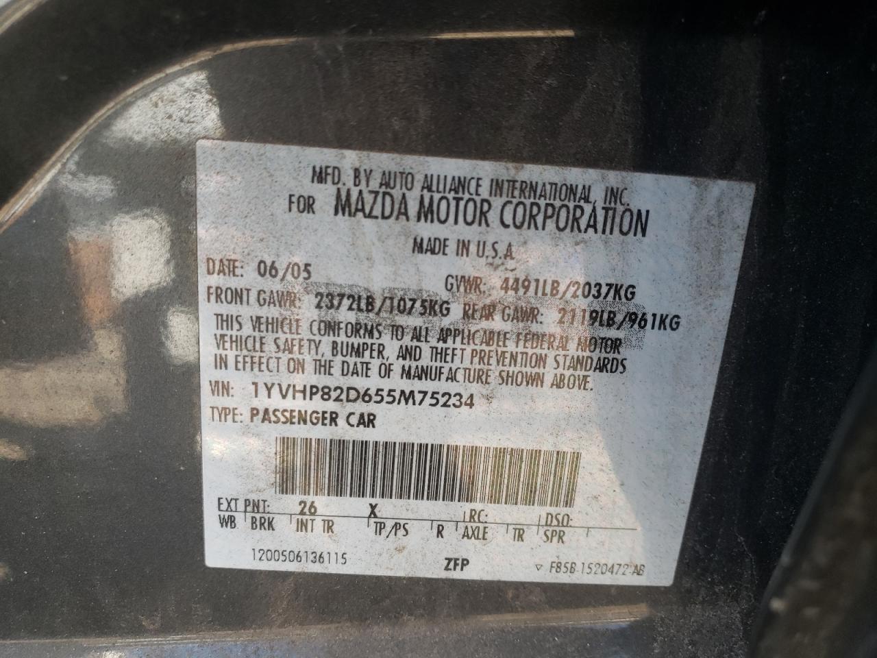 Фото 10 с аукциона – 2005 MAZDA 6 S с VIN 1YVHP82D655M75234