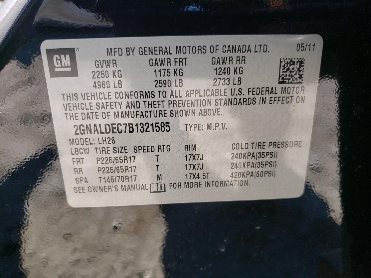 Photo 10 from auction – 2011 CHEVROLET EQUINOX LT with VIN 2GNALDEC7B1321585