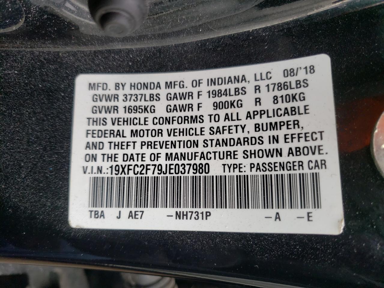 Photo 10 from auction – 2018 HONDA CIVIC EX with VIN 19XFC2F79JE037980