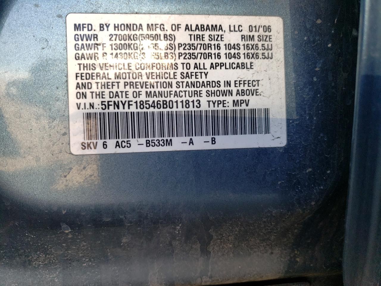 Photo 10 from auction – 2006 HONDA PILOT EX with VIN 5FNYF18546B011813