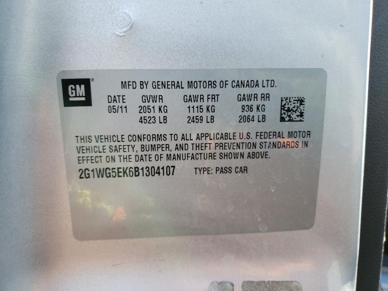 Photo 10 from auction – 2011 CHEVROLET IMPALA with VIN 2G1WG5EK6B1304107