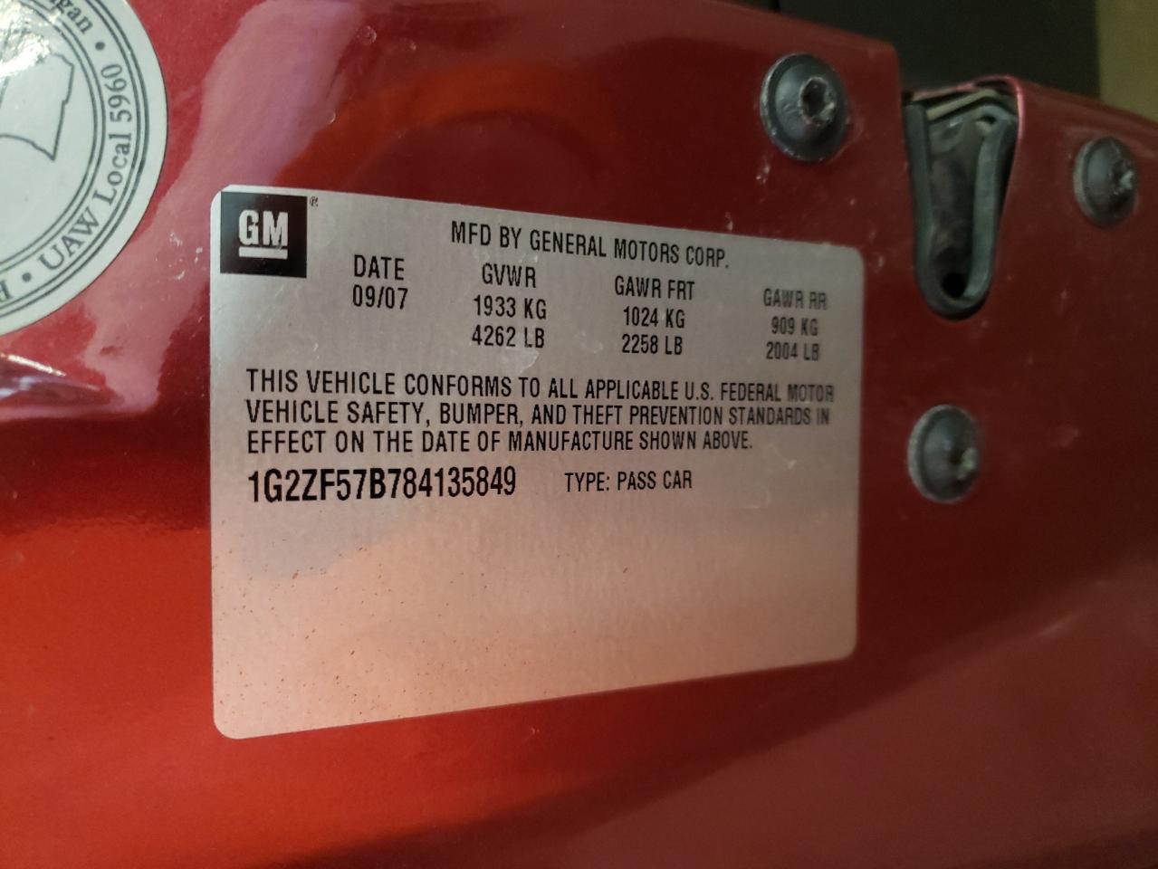 Photo 10 from auction – 2008 PONTIAC G6 VALUE L with VIN 1G2ZF57B784135849