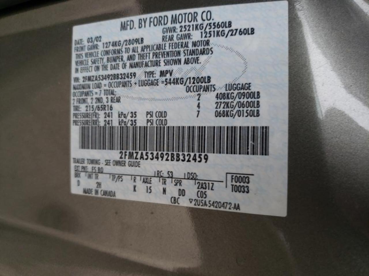 Photo 10 from auction – 2002 FORD WINDSTAR S with VIN 2FMZA53492BB32459