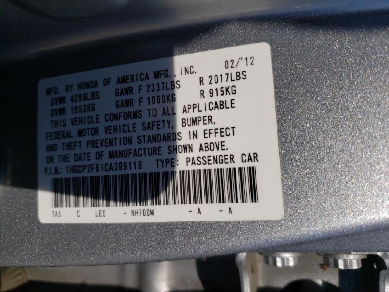 Photo 10 from auction – 2012 HONDA ACCORD SE with VIN 1HGCP2F61CA099119