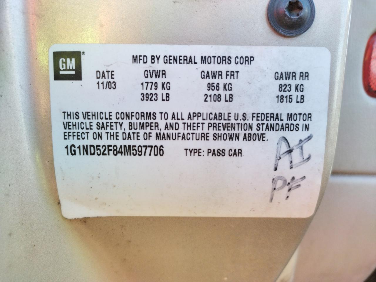 Photo 10 from auction – 2004 CHEVROLET CLASSIC with VIN 1G1ND52F84M597706