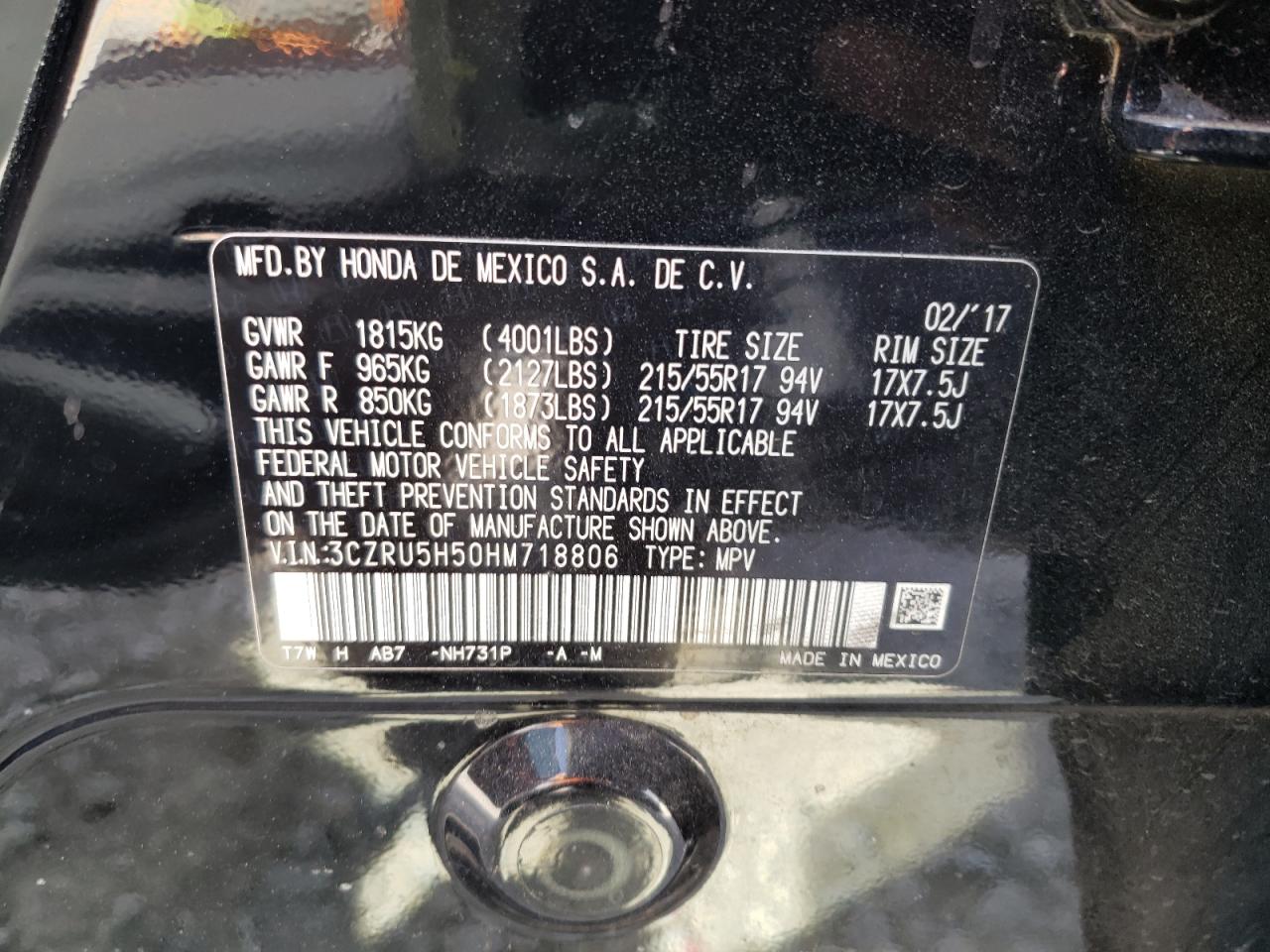 Photo 10 from auction – 2017 HONDA HR-V EX with VIN 3CZRU5H50HM718806
