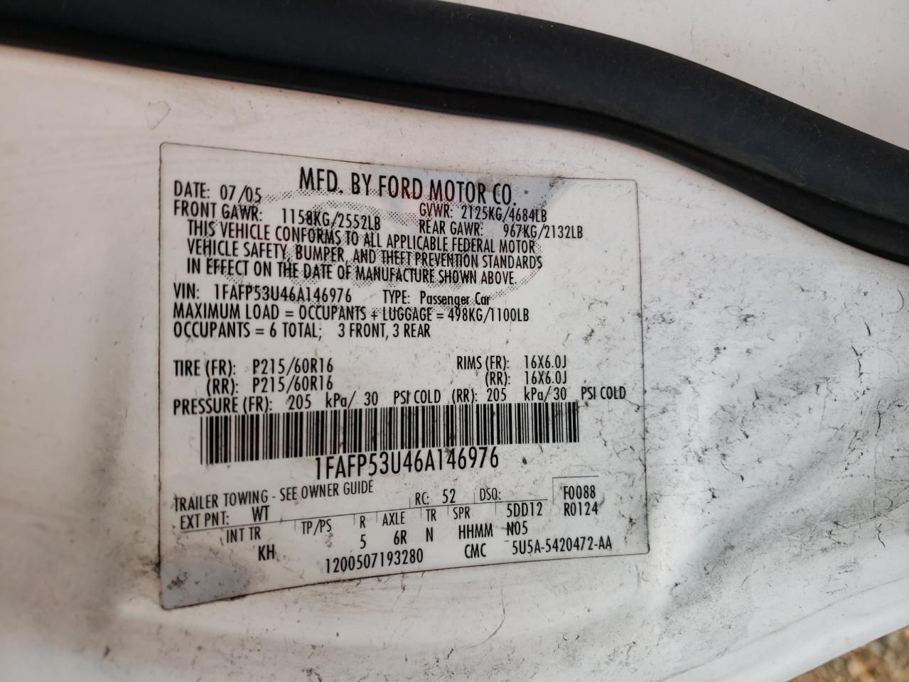 Photo 10 from auction – 2006 FORD TAURUS SE with VIN 1FAFP53U46A146976