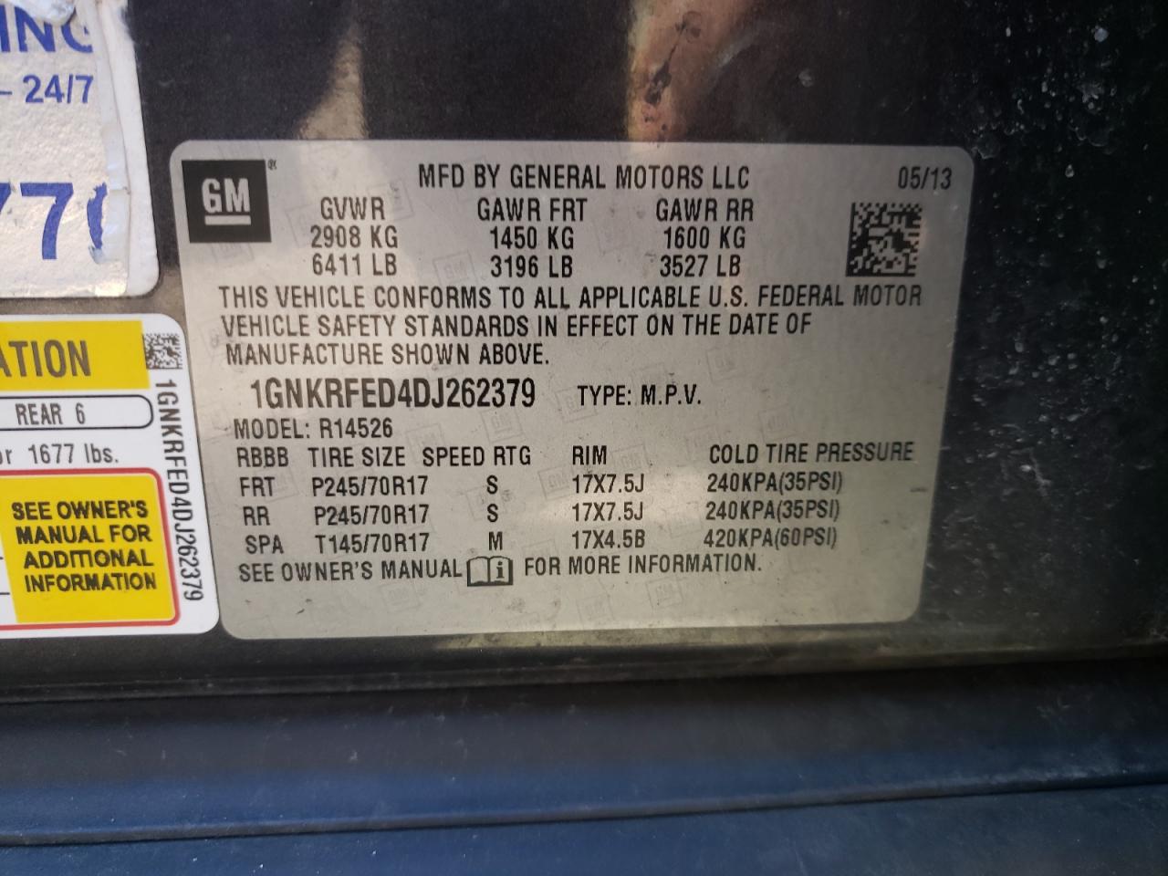 Photo 10 from auction – 2013 CHEVROLET TRAVERSE L with VIN 1GNKRFED4DJ262379