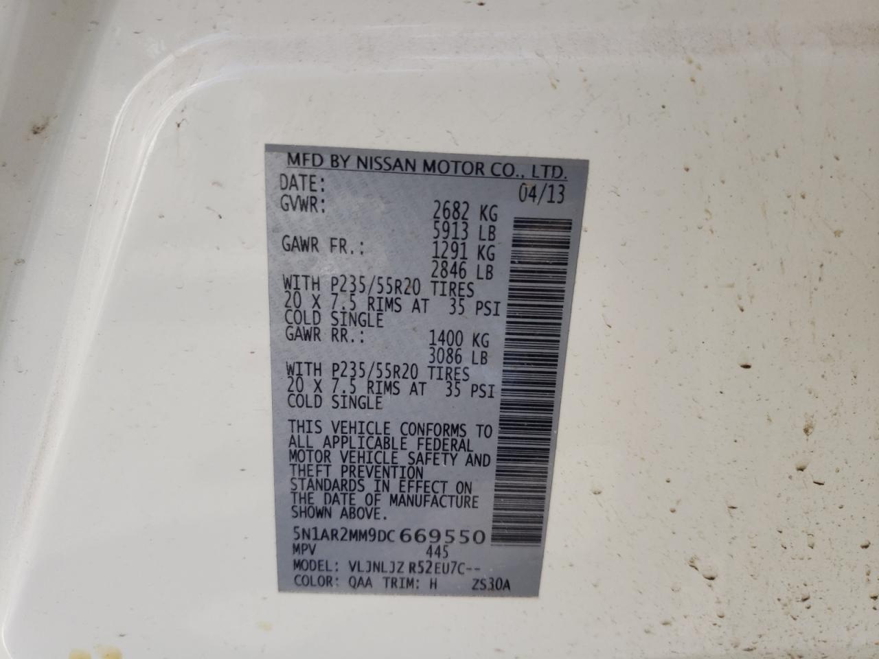 Photo 10 from auction – 2013 NISSAN PATHFINDER with VIN 5N1AR2MM9DC669550