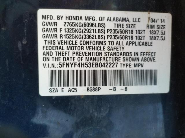 HONDA PILOT EXL 2014 with VIN 5FNYF4H53EB042227 - Photo from auction