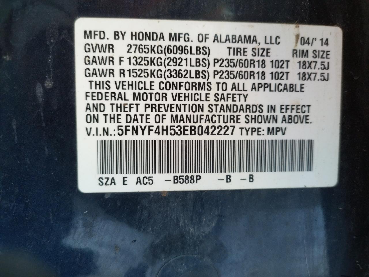 Photo 11 from auction – 2014 HONDA PILOT EXL with VIN 5FNYF4H53EB042227
