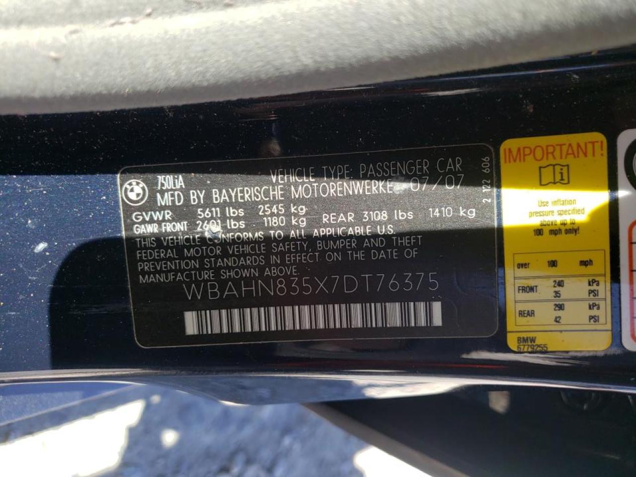 Photo 10 from auction – 2007 BMW 750 with VIN WBAHN835X7DT76375