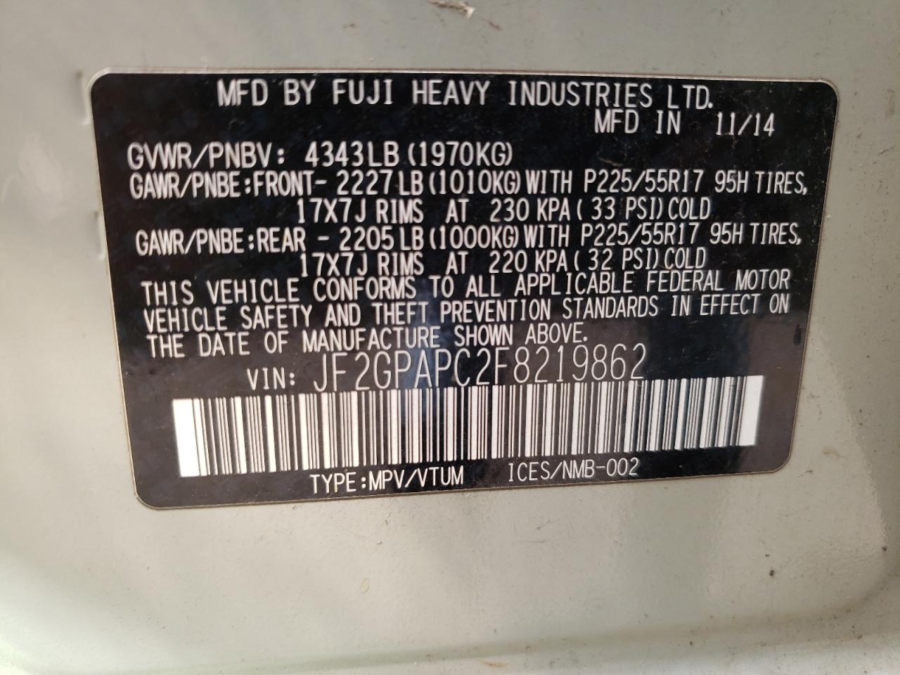 Photo 10 from auction – 2015 SUBARU XV CROSSTR with VIN JF2GPAPC2F8219862