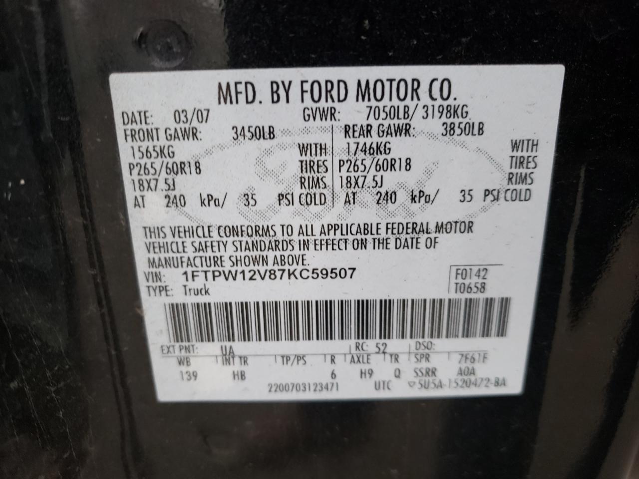 Photo 10 from auction – 2007 FORD F150 SUPER with VIN 1FTPW12V87KC59507