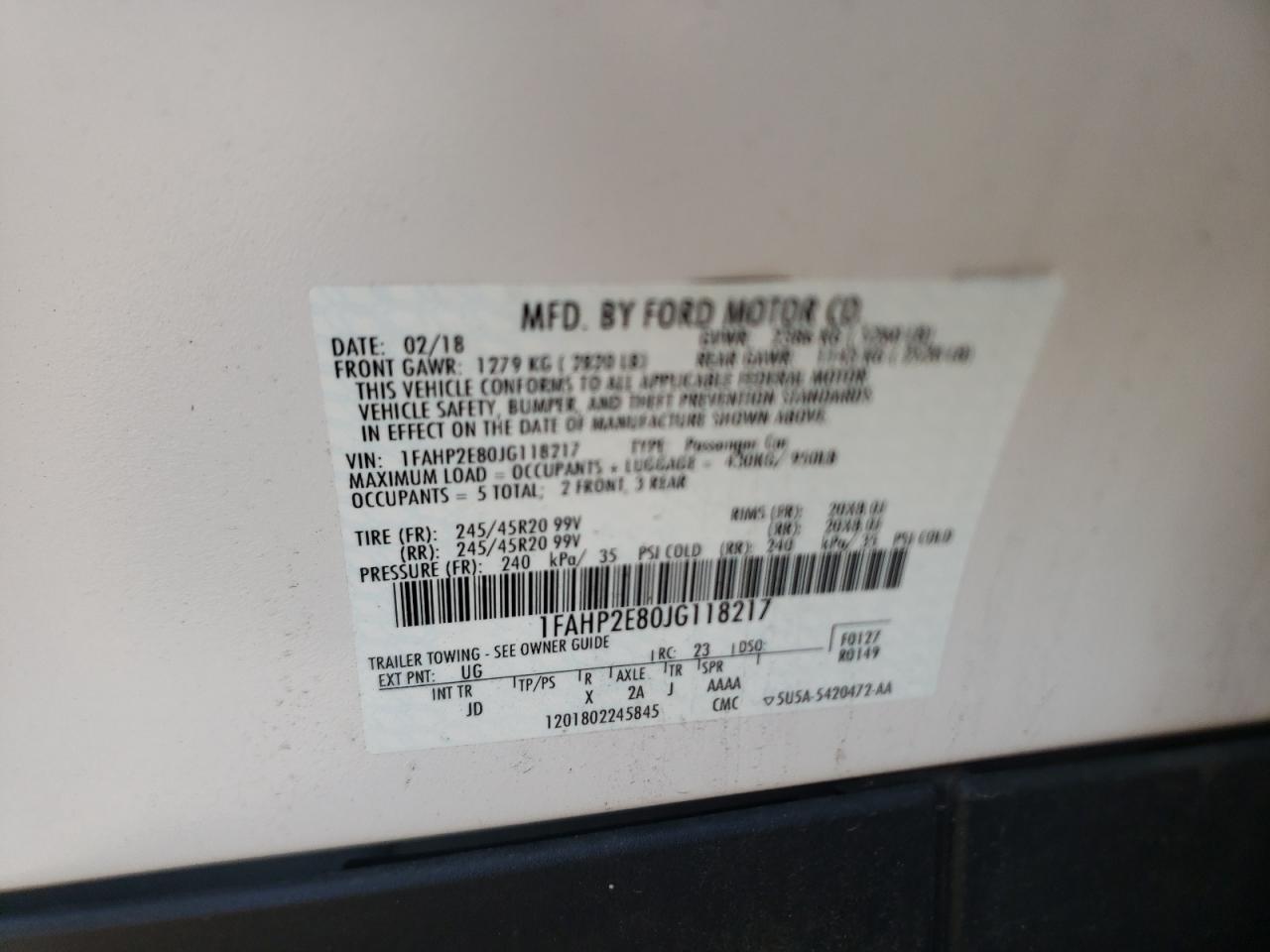 Photo 10 from auction – 2018 FORD TAURUS SEL with VIN 1FAHP2E80JG118217