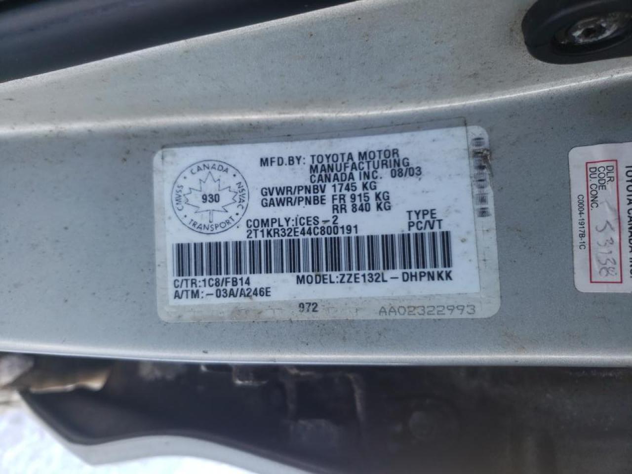 Foto 10 de la subasta – 2004 TOYOTA COROLLA MA con VIN 2T1KR32E44C800191