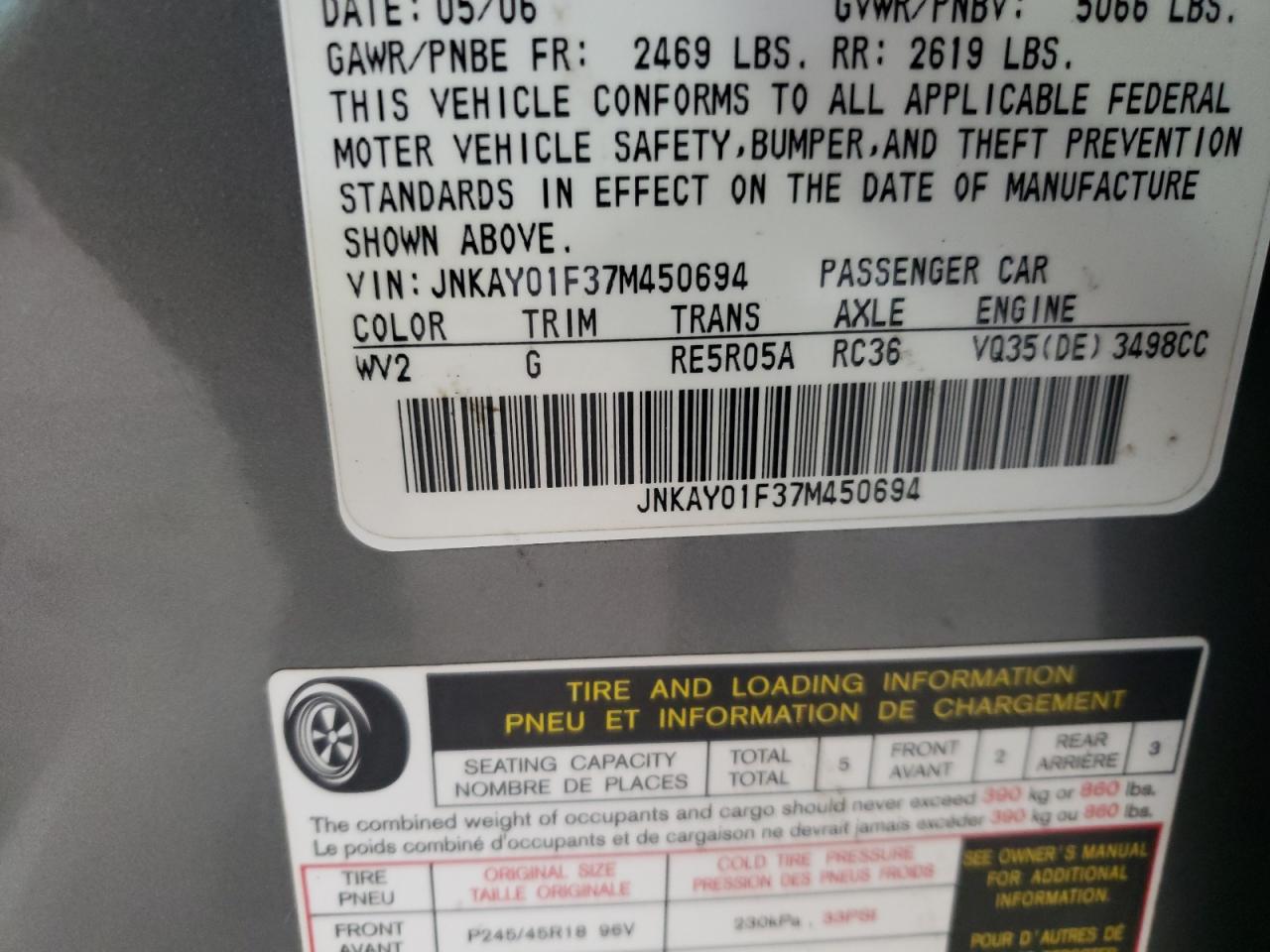 Photo 10 from auction – 2007 INFINITI M35 BASE with VIN JNKAY01F37M450694