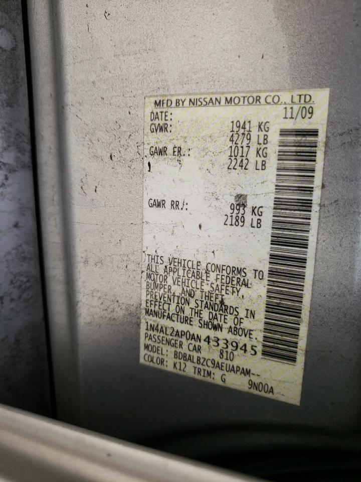 Photo 10 from auction – 2010 NISSAN ALTIMA BAS with VIN 1N4AL2AP0AN433945