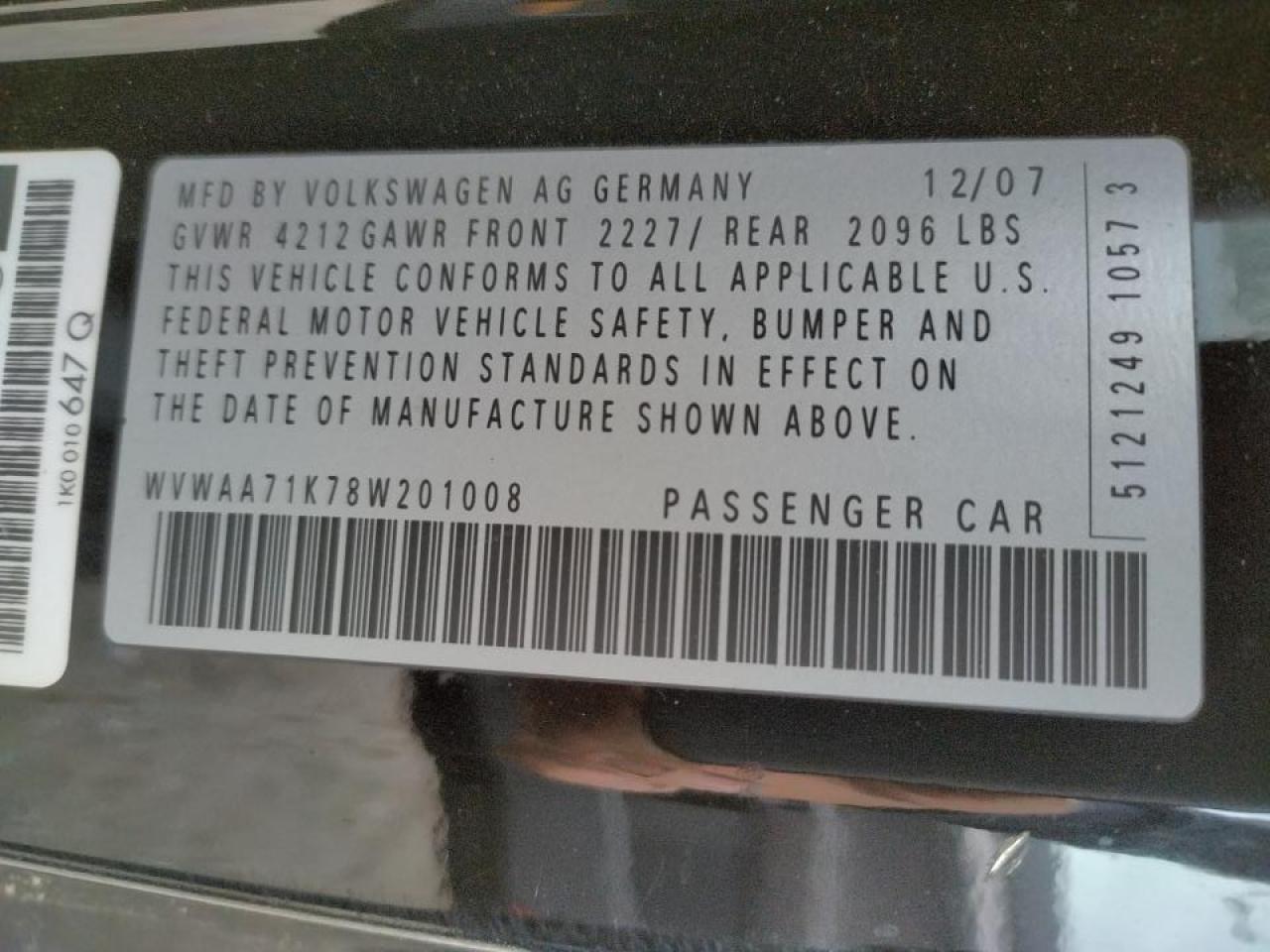 Photo 10 from auction – 2008 VOLKSWAGEN RABBIT with VIN WVWAA71K78W201008