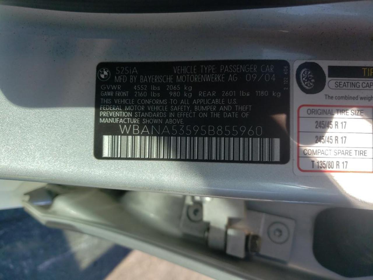 Photo 10 from auction – 2005 BMW 525 I with VIN WBANA53595B855960