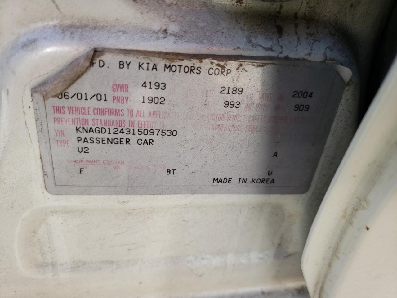 Photo 10 from auction – 2001 KIA OPTIMA MAG with VIN KNAGD124315097530