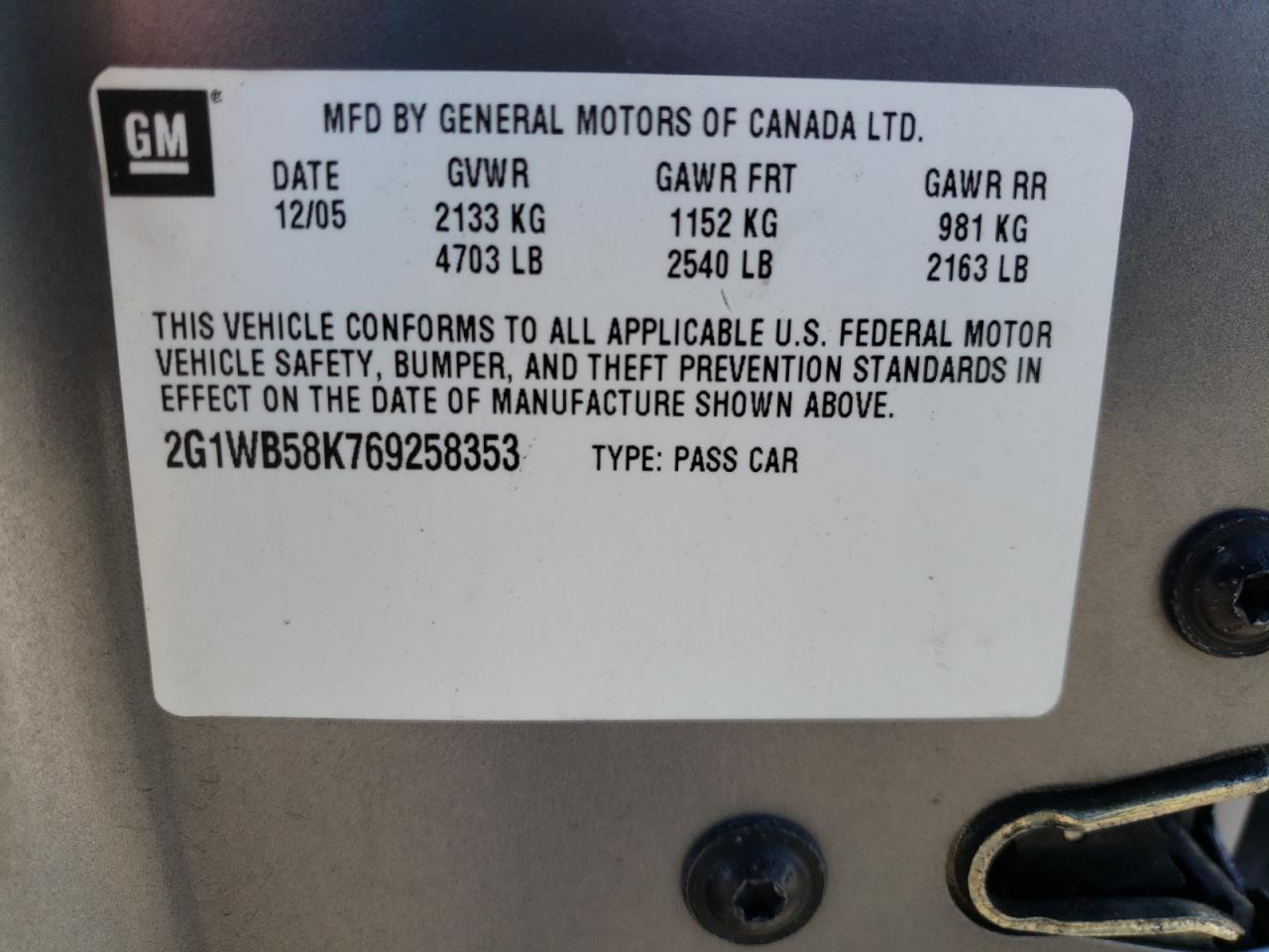Photo 10 from auction – 2006 CHEVROLET IMPALA LS with VIN 2G1WB58K769258353