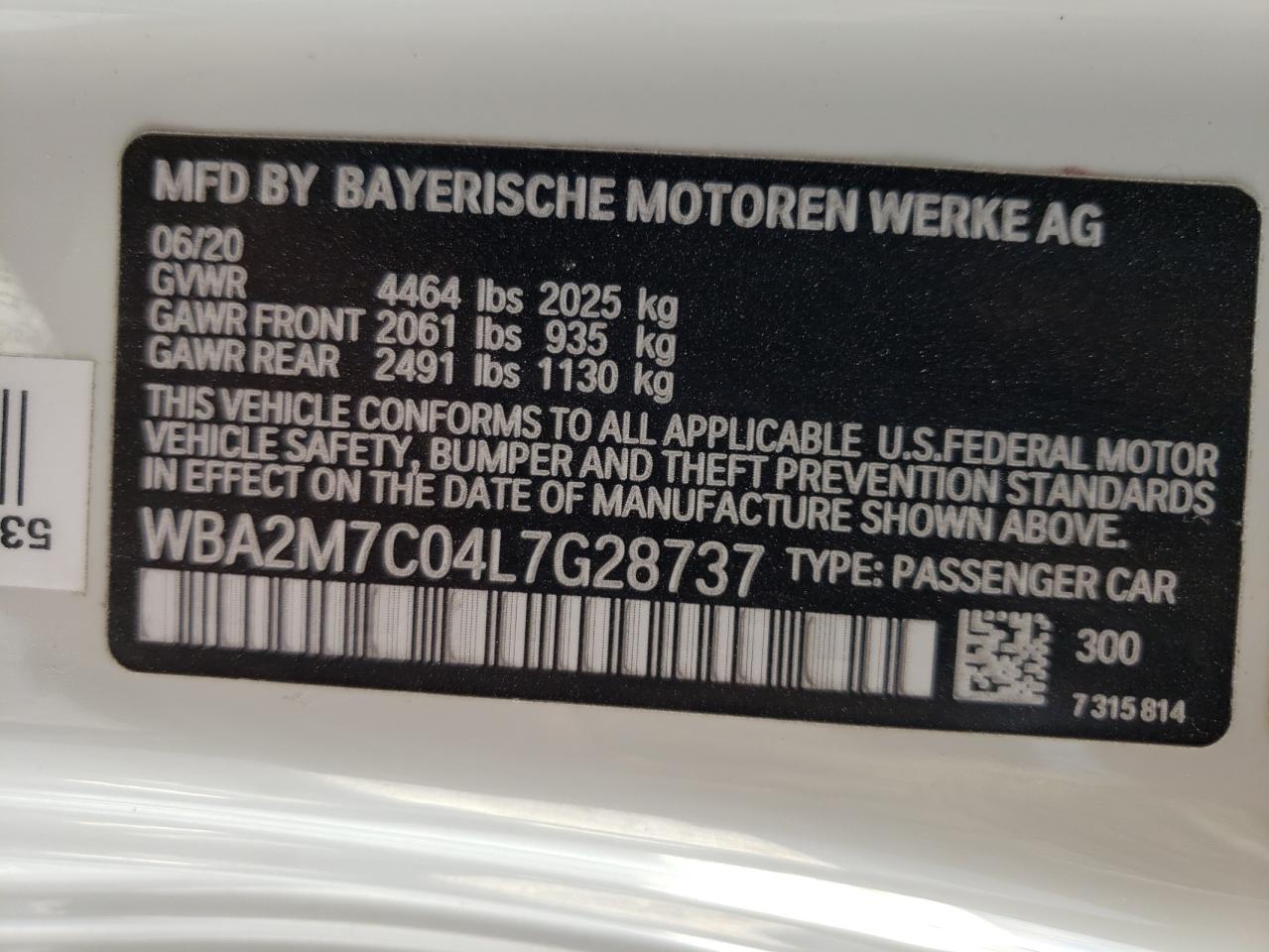 Photo 10 from auction – 2020 BMW 230I with VIN WBA2M7C04L7G28737