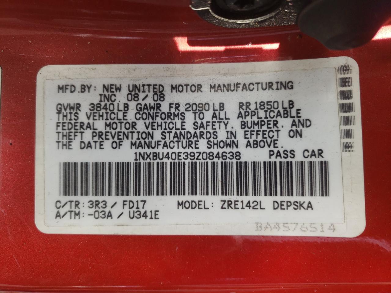 Photo 10 from auction – 2009 TOYOTA COROLLA BA with VIN 1NXBU40E39Z084638