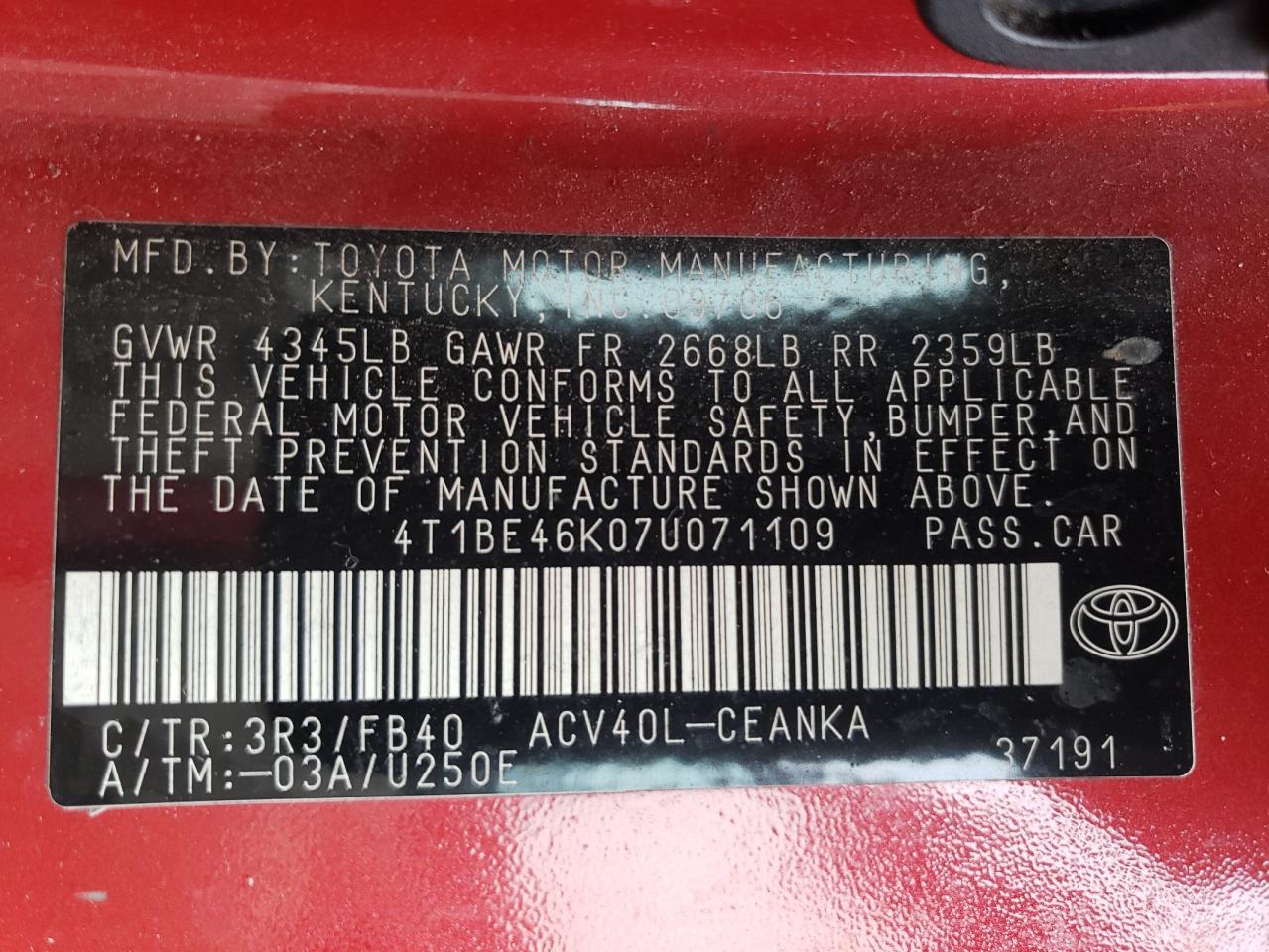 Photo 10 from auction – 2007 TOYOTA CAMRY CE with VIN 4T1BE46K07U071109