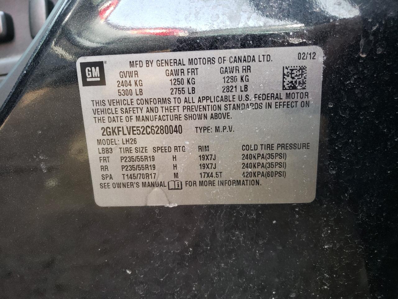 Photo 10 from auction – 2012 GMC TERRAIN SL with VIN 2GKFLVE52C6280040