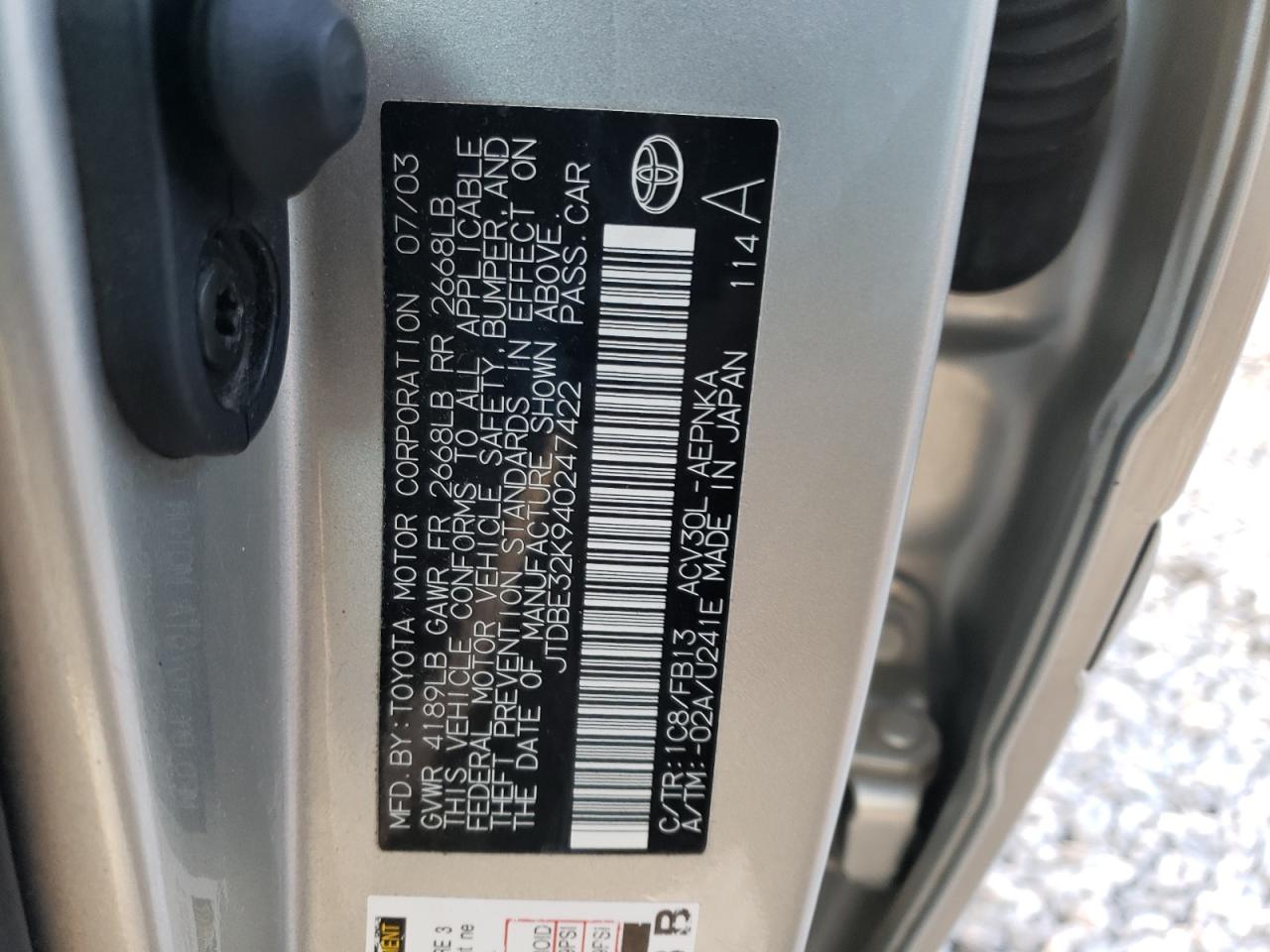 Photo 10 from auction – 2004 TOYOTA CAMRY LE with VIN JTDBE32K940247422