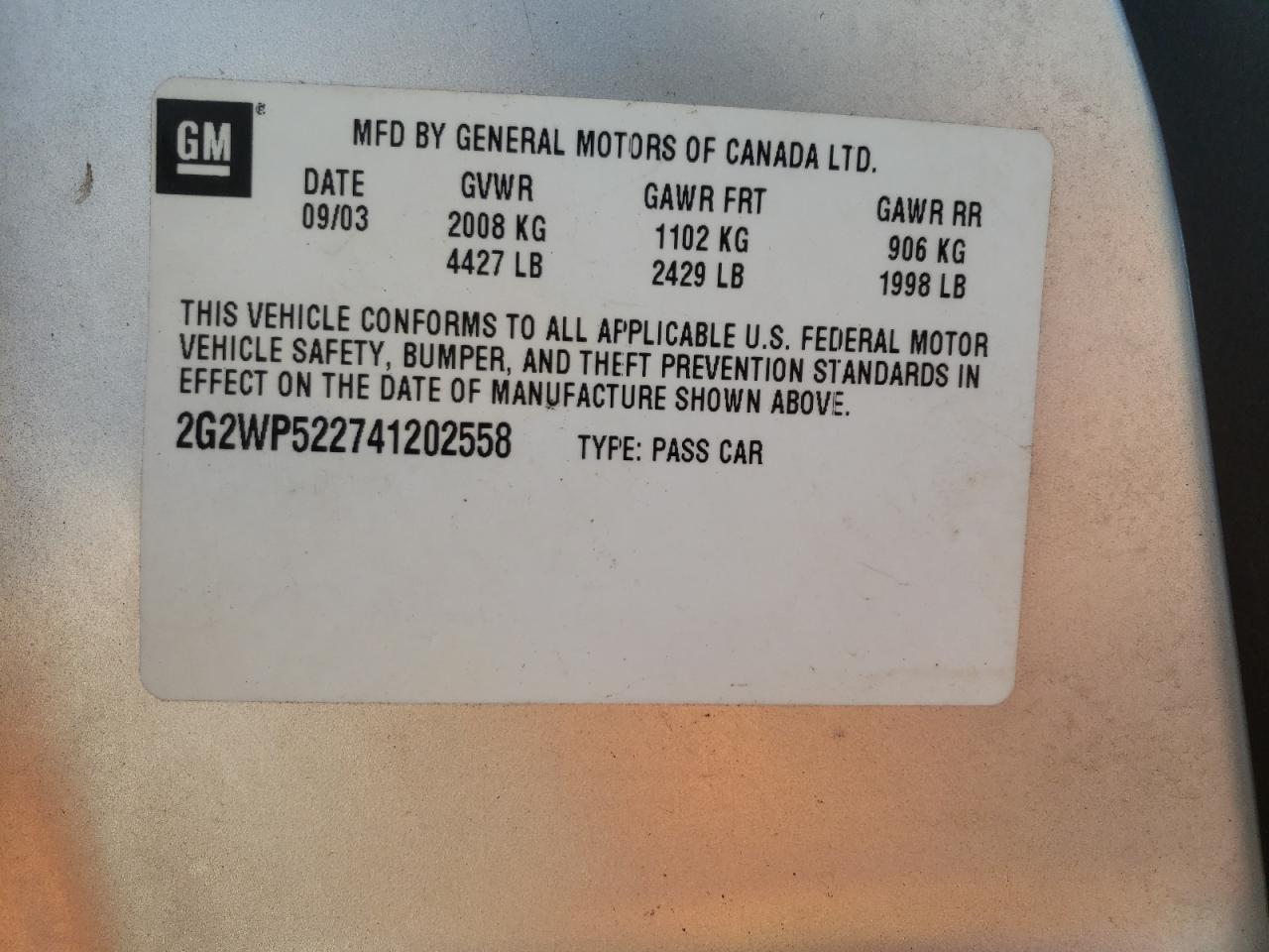 Photo 10 from auction – 2004 PONTIAC GRAND PRIX with VIN 2G2WP522741202558