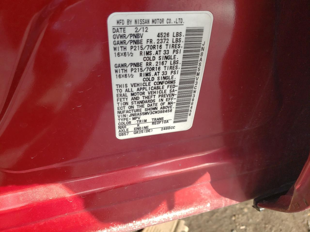 Photo 10 from auction – 2012 NISSAN ROGUE S with VIN JN8AS5MV3CW398456