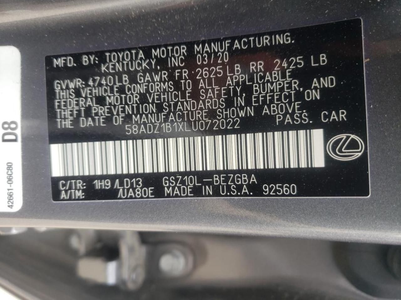 Photo 10 from auction – 2020 LEXUS ES 350 with VIN 58ADZ1B1XLU072022